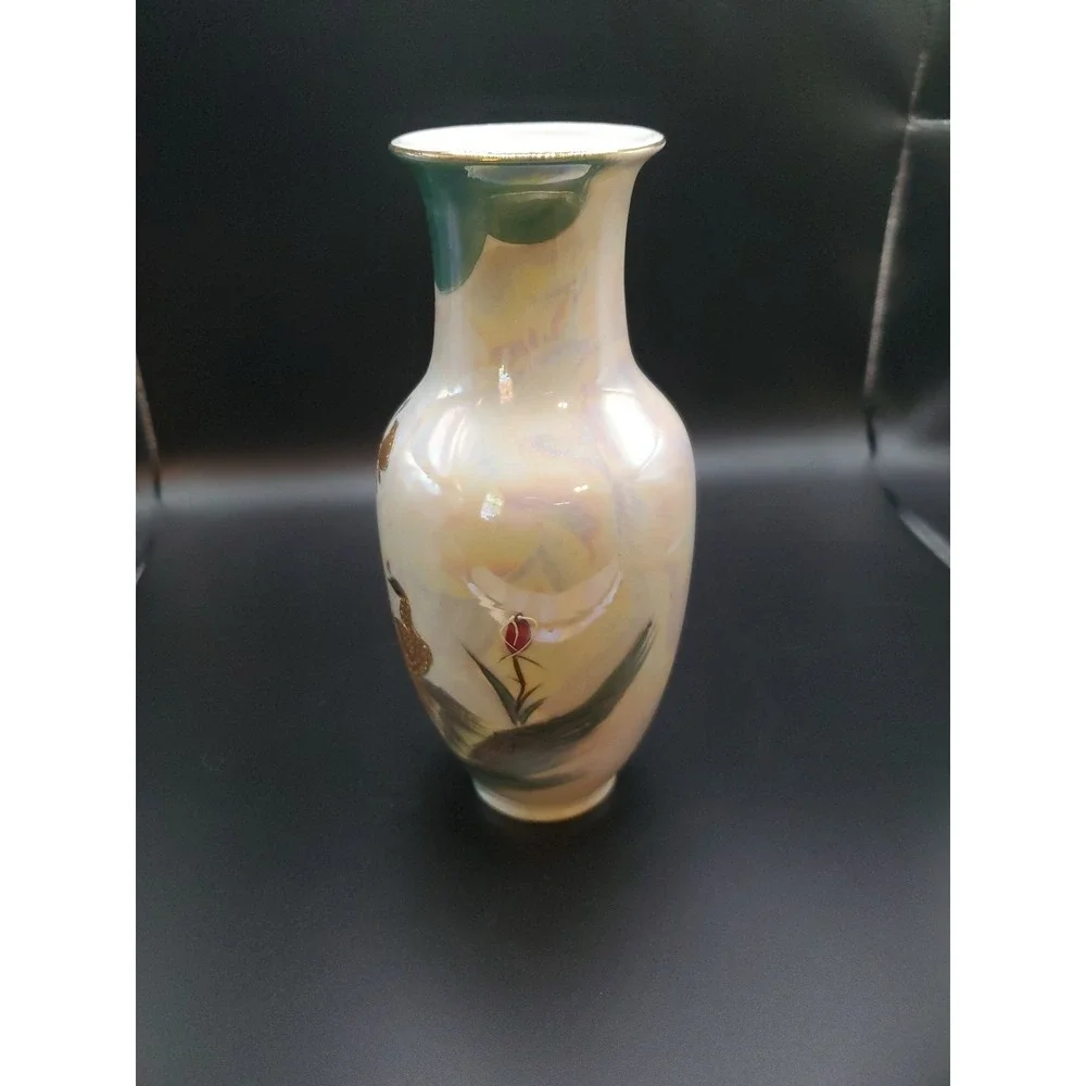 VTG Kutani Ware Hand Painted Porcelain Vase Peacocks In 24 Karat‎ Gold
